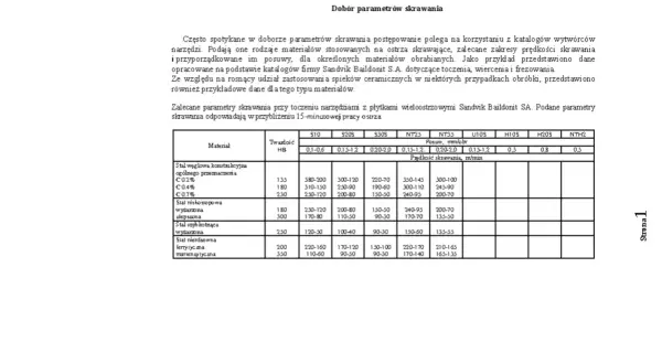 Tabela z parametrami skrawania dla różnych materiałów i narzędzi.