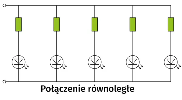 Schemat połączenia równoległego pięciu diod LED z rezystorami. Pokazuje, jak dobrać rezystor do ochrony diod.