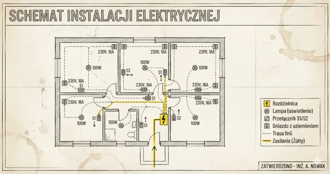 Schemat instalacji elektrycznej mieszkania, pokazujący jak zrobić instalację: rozdzielnica, lampy, gniazda, przełączniki i trasy linii zasilania.