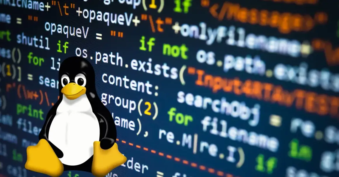 Maskotka pingwina Tux na tle kodu programu, symbolizującego świat Linux CNC.