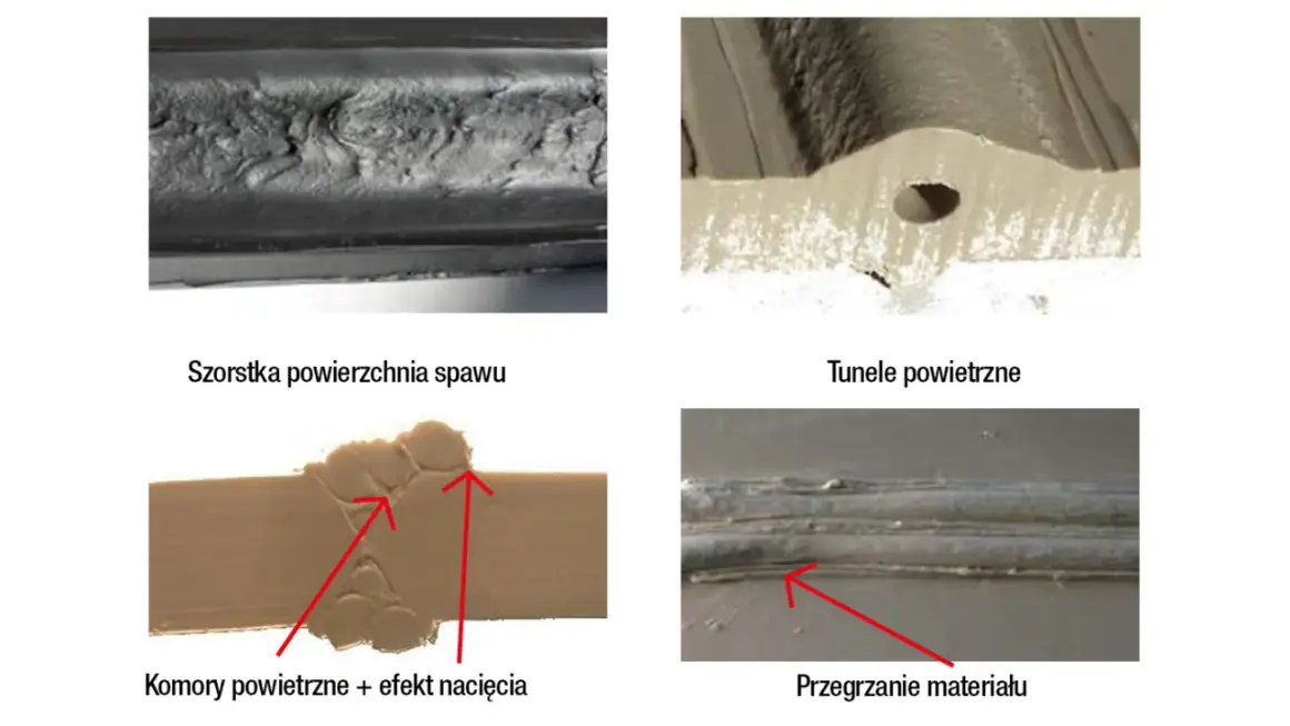Szorstka spoina spawania mig z tunelami powietrznymi, komorami i przegrzaniem materiału.