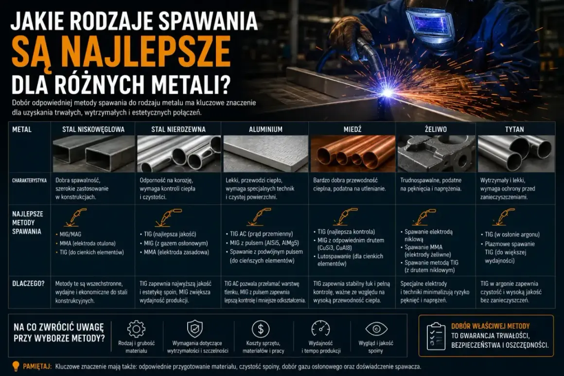 Tabela porównuje rodzaje spawania dla różnych metali: stal niskowęglowa, nierdzewna, aluminium, miedź, żeliwo i tytan. Opisuje charakterystykę materiałów i najlepsze metody spawania, np. MIG/MAG, TIG.