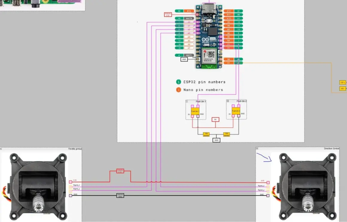 Schemat połączeń Arduino Nano i ESP32 z czujnikami Halla.