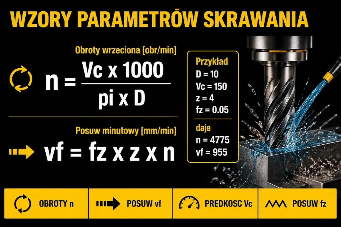 Wzory na parametry skrawania: obroty wrzeciona (n) i posuw minutowy (vf). Obok przykład obliczeń.