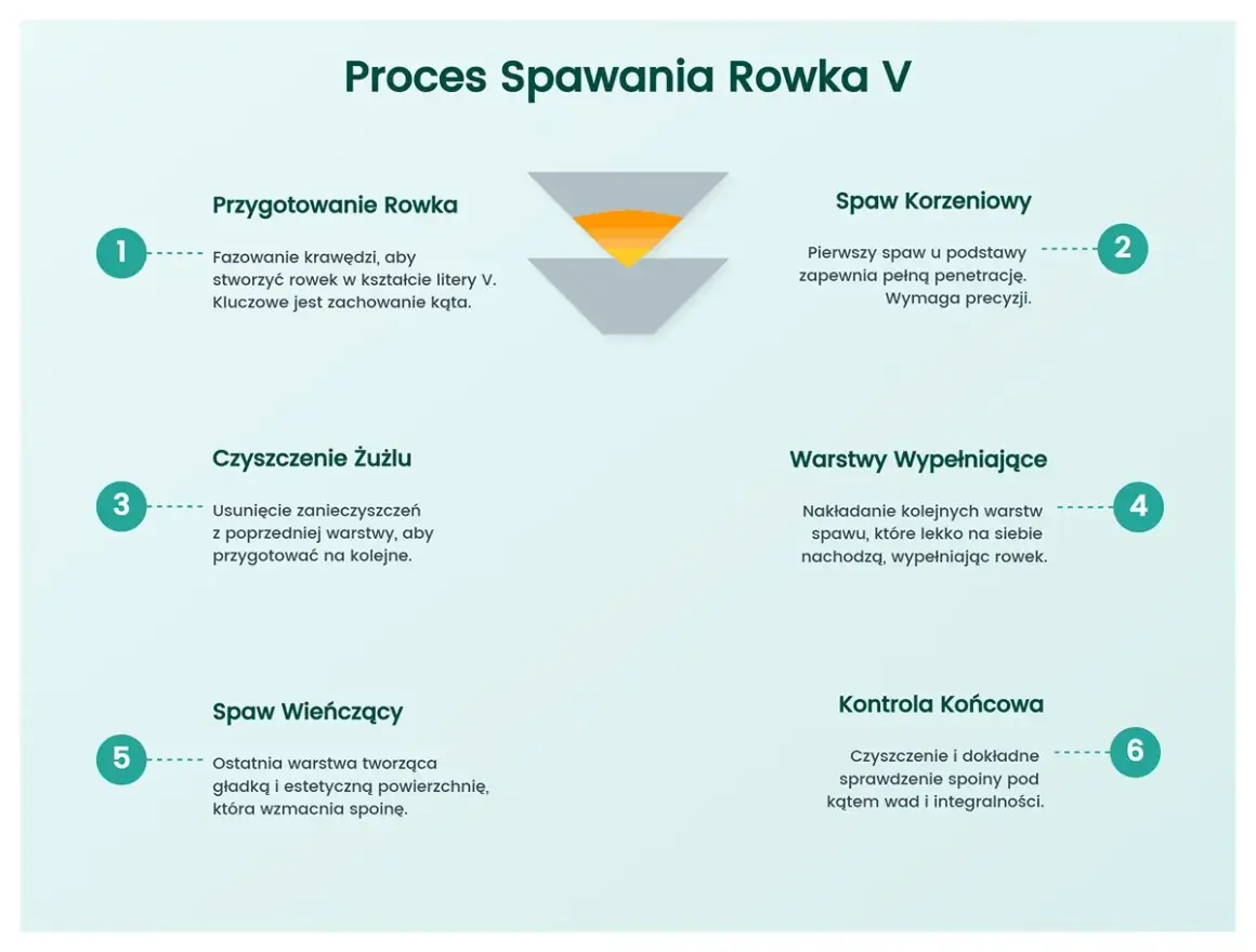 Proces spawania rowka V: przygotowanie, spaw korzeniowy, czyszczenie, warstwy wypełniające, spaw wieńczący, kontrola. Kluczowe jest zachowanie kąta dla spoiny.