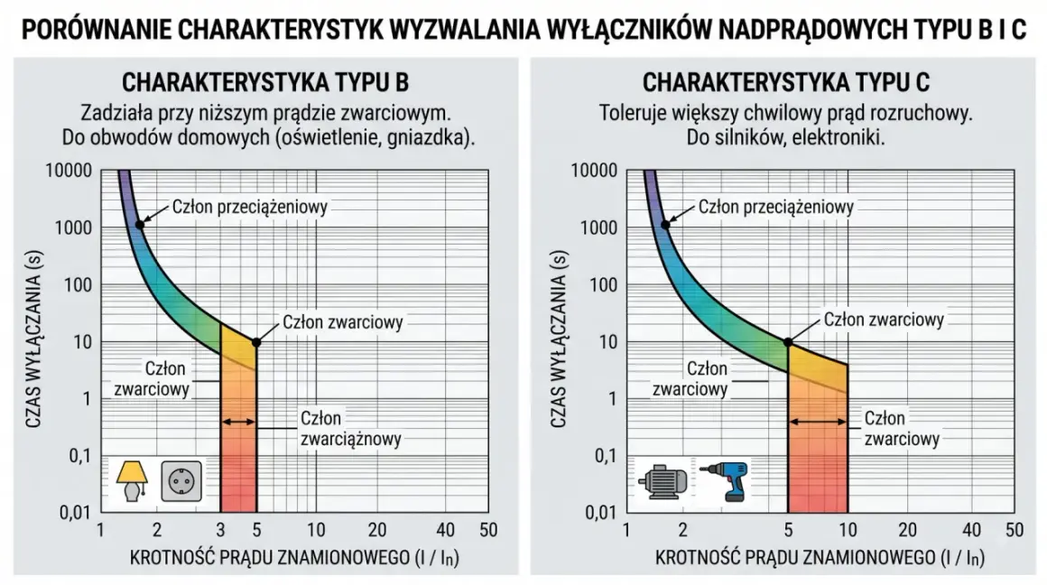 Wykresy porównujące charakterystyki wyzwalania wyłączników nadprądowych typu B i C, pomagające dobrać wyłącznik nadprądowy do instalacji domowych i urządzeń.