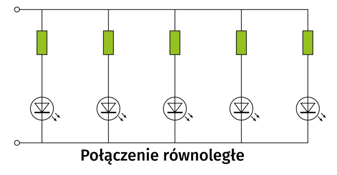 Schemat połączenia równoległego pięciu diod LED z rezystorami. Pokazuje, jak dobrać rezystor do ochrony diod.