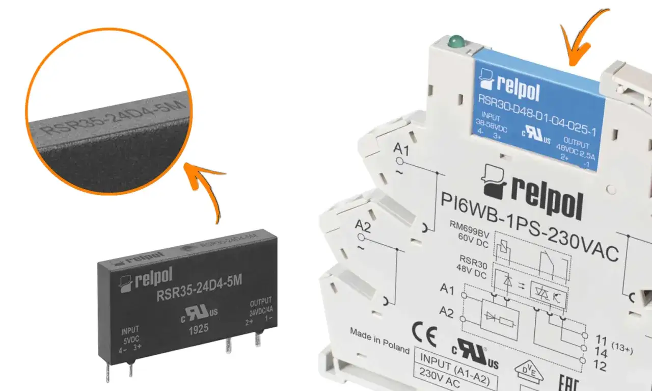 Przekaźniki SSR, jak RSR35-24D4-5M, to solid-state relays. Na zdjęciu widać moduły Relpol.