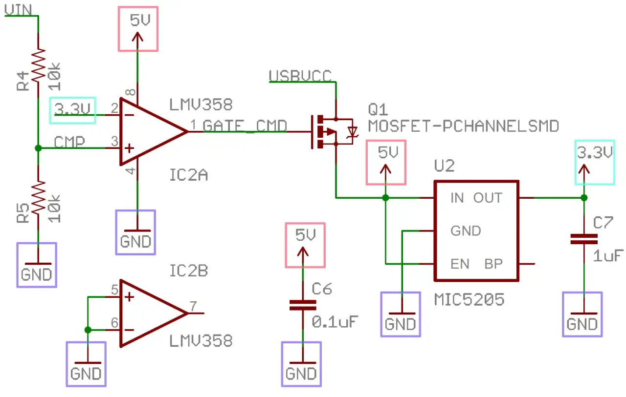 Proste schematy elektryczne: komparator LMV358 steruje MOSFET-em, a regulator MIC5205 zasila układ 3.3V.