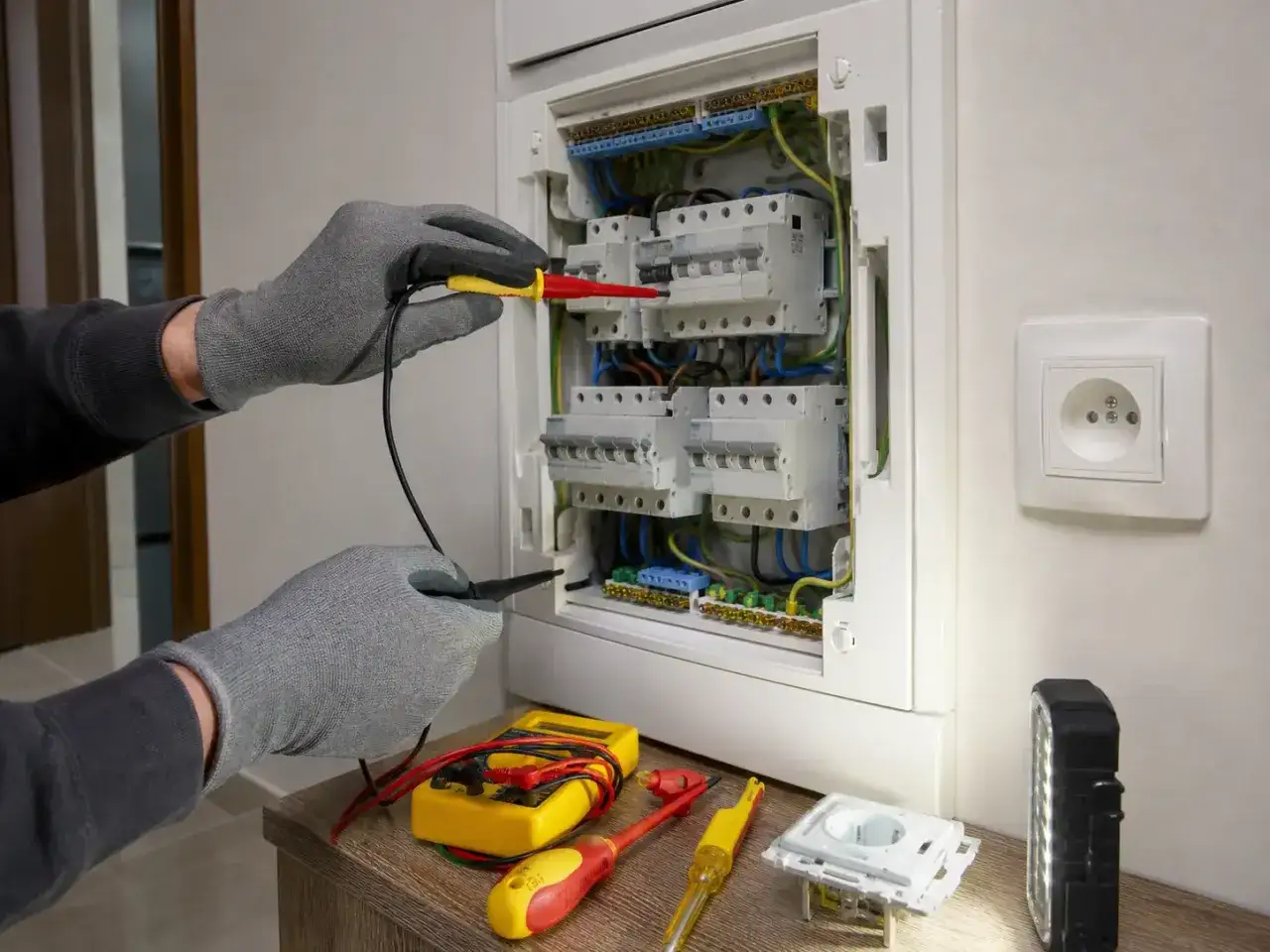 Elektryk sprawdza instalację. Jest brak prądu w gniazdkach, światło jest, bo działa latarka.
