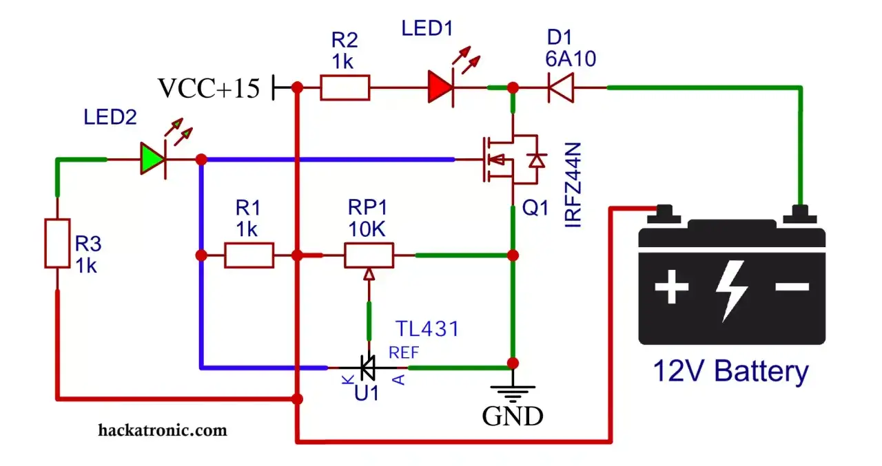 Schemat pokazuje, jak działa prostownik z MOSFET-em Q1, diodą D1 i regulatorem TL431.