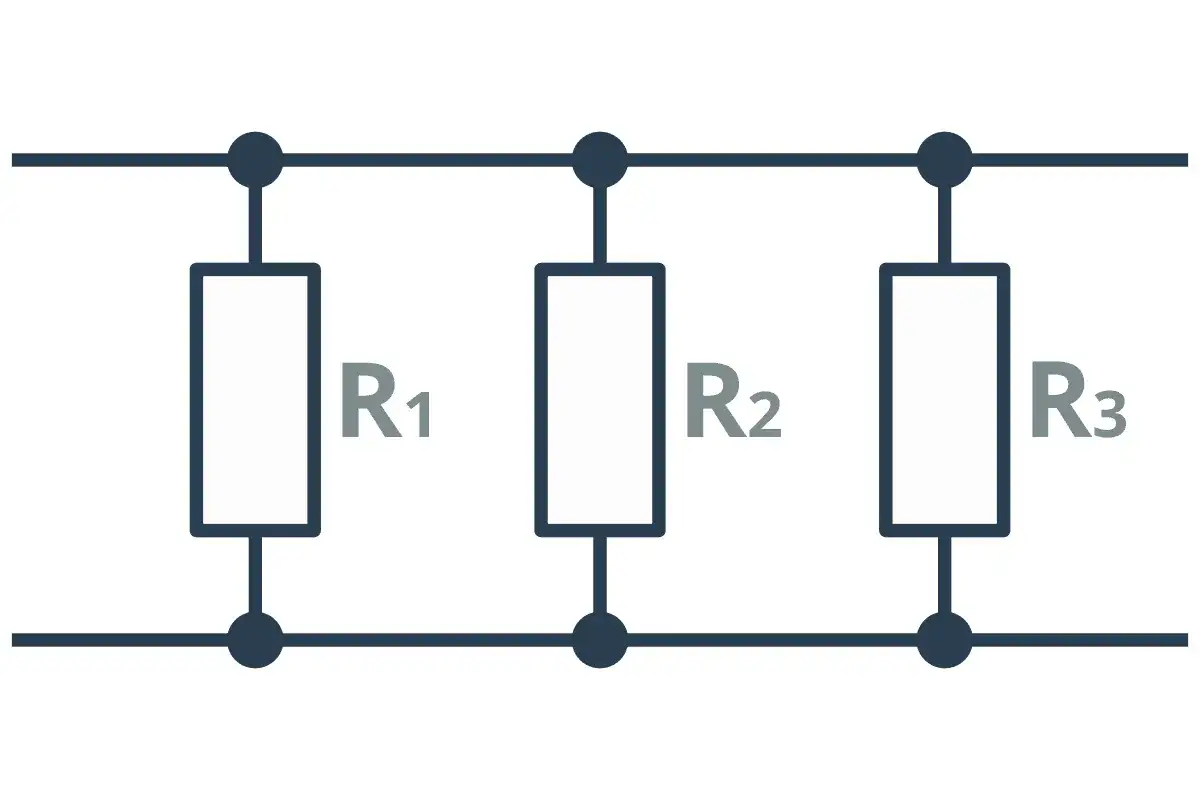 Schemat obwodu elektrycznego: trzy rezystory R1, R2, R3 połączone równolegle.