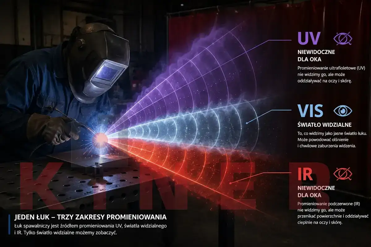 Spawacz w masce chroni oczy przed promieniowaniem UV, VIS i IR. Łuk spawalniczy emituje różne rodzaje światła, a temperatura spawania jest kluczowa.