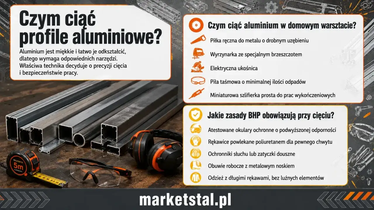 Profile aluminiowe: czym ciąć? Na zdjęciu narzędzia i materiały do cięcia aluminium: piła, okulary, słuchawki.