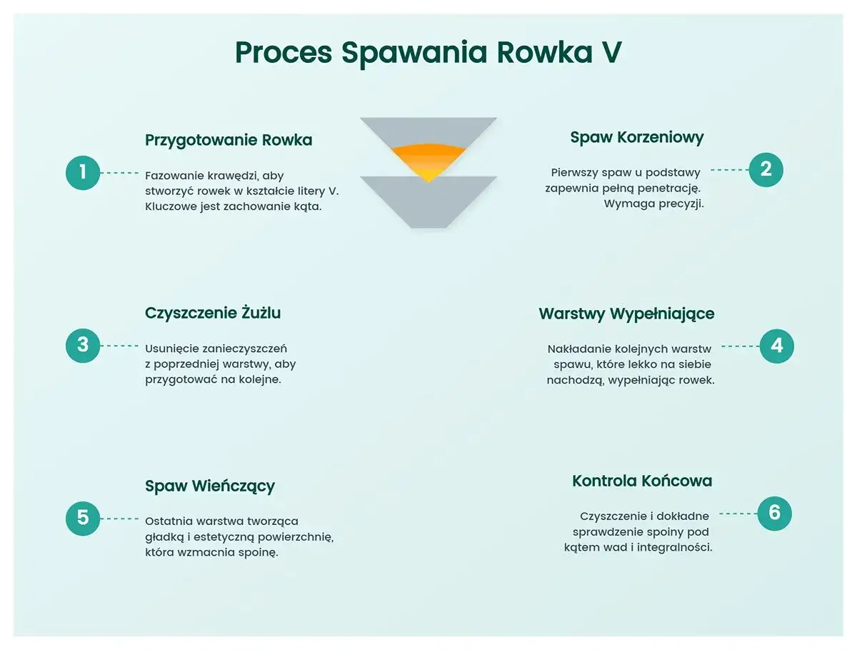 Proces spawania rowka V: przygotowanie, spaw korzeniowy, czyszczenie, warstwy wypełniające, spaw wieńczący, kontrola. Kluczowe jest zachowanie kąta dla spoiny.