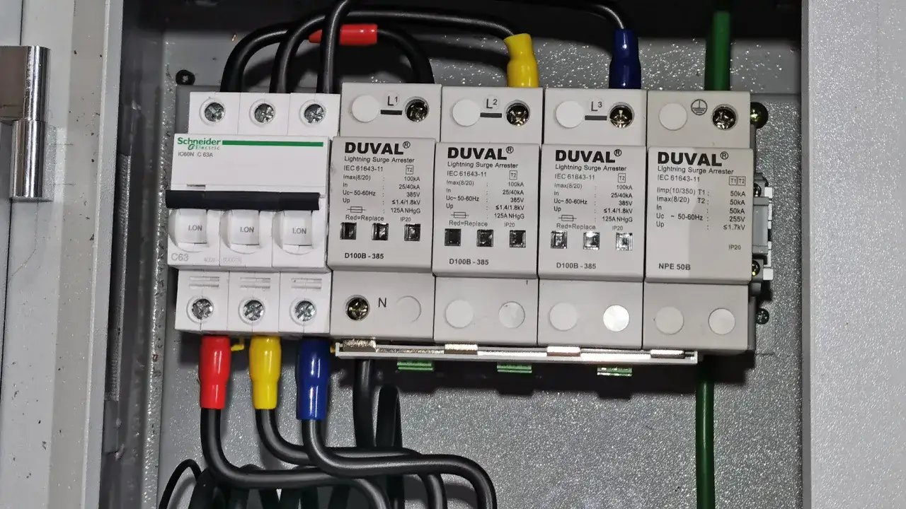 Zabezpieczenie przed przepięciem prądu w skrzynce elektrycznej z wyłącznikami i ochronnikami DUVAL.
