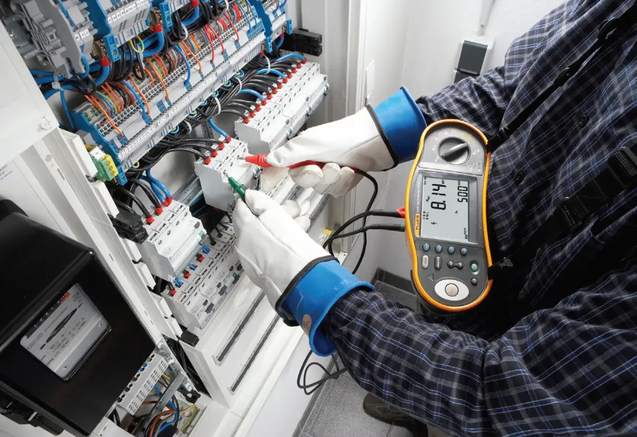 Elektryk w rękawicach przeprowadza pomiar instalacji elektrycznej za pomocą miernika.