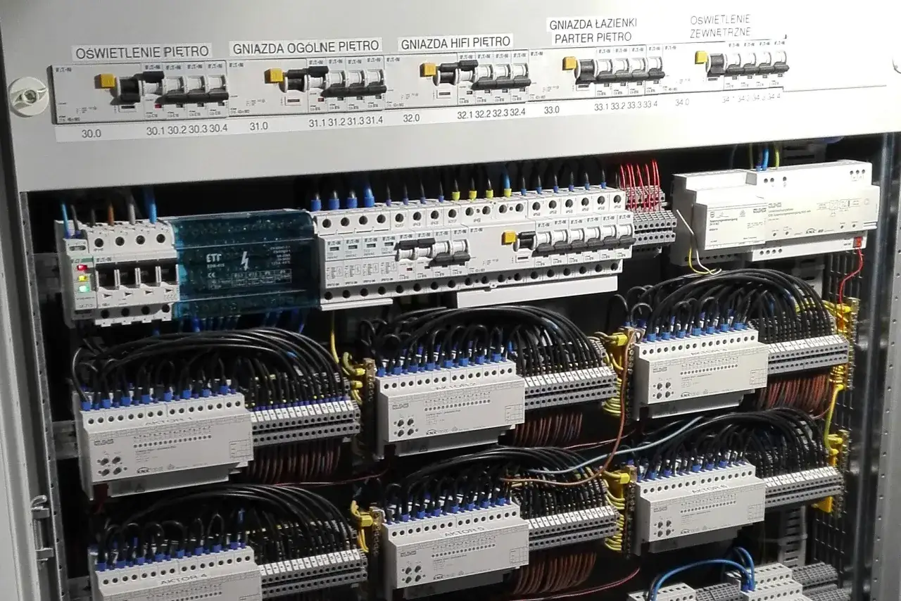 Panel sterowania instalacją elektryczną. Widać bezpieczniki, przekaźniki i okablowanie. To przykład, jak zrobić instalację elektryczną.