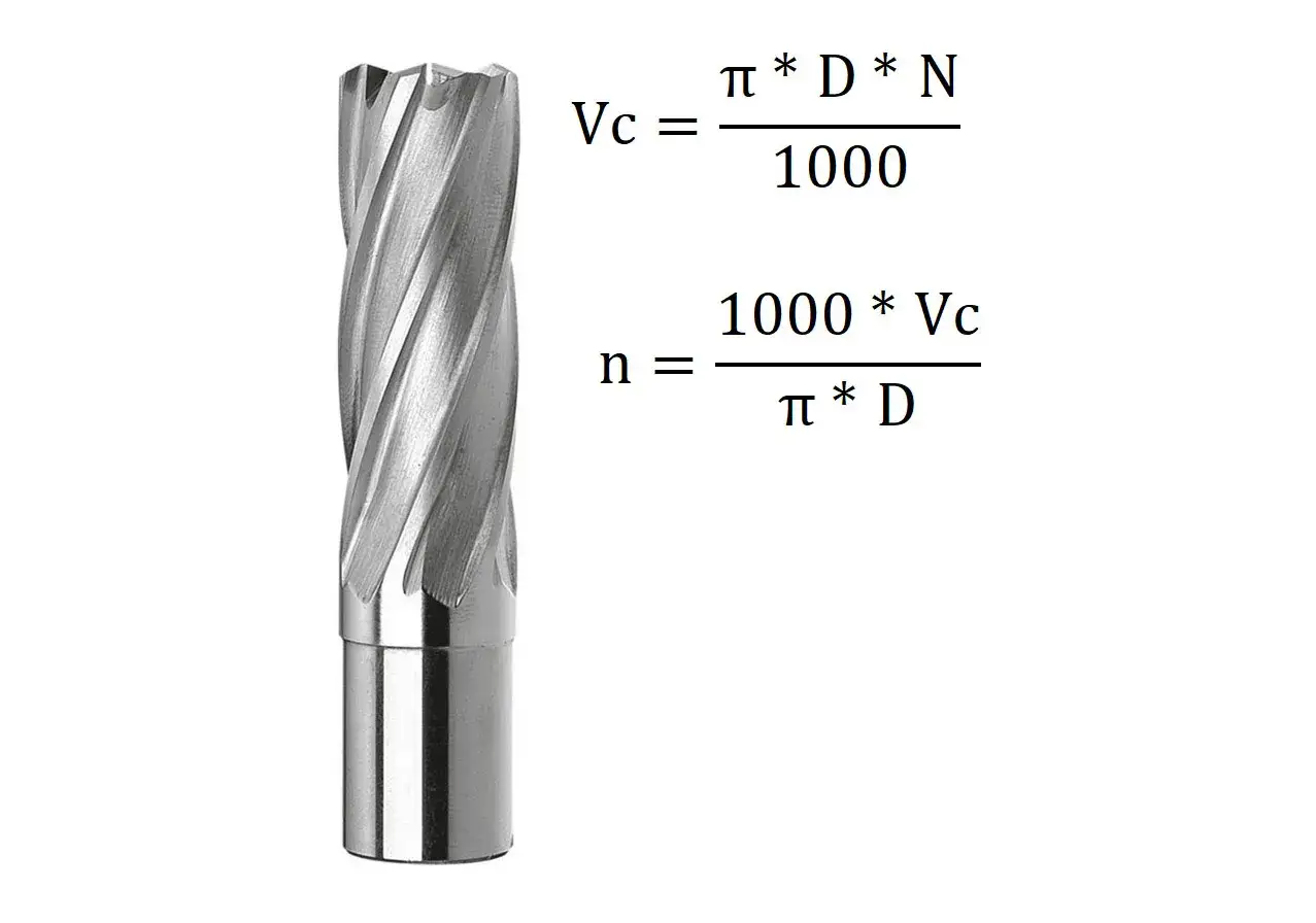 Frez trzpieniowy i wzory na parametry skrawania: Vc = &pi;*D*N/1000, n = 1000*Vc/(&pi;*D).