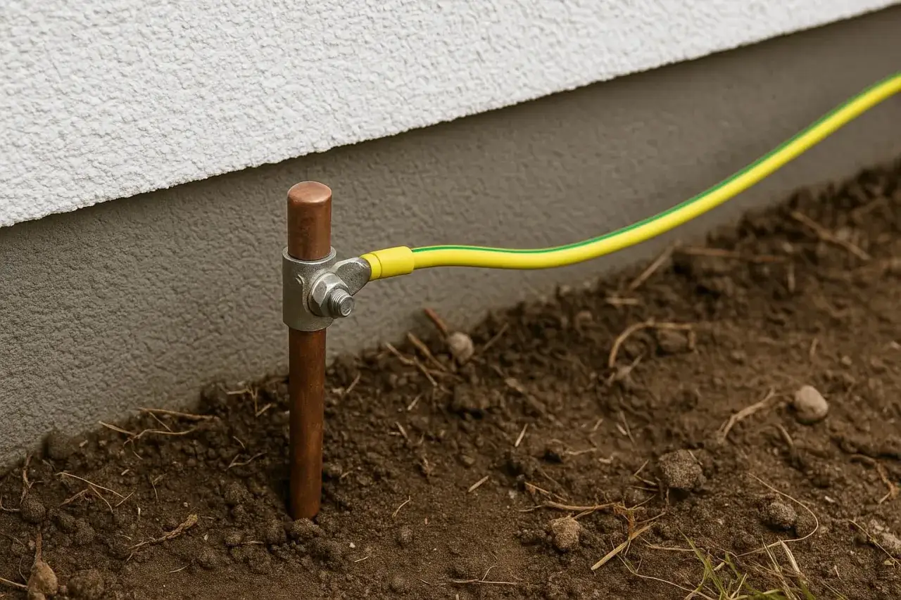 Uziemienie: miedziany pręt w ziemi z żółto-zielonym przewodem, zapewniający bezpieczeństwo instalacji elektrycznej.