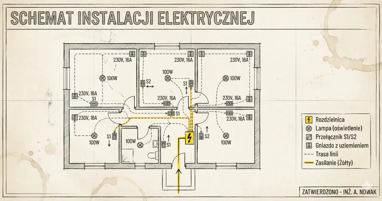 Schemat instalacji elektrycznej mieszkania z rozdzielnicą, lampami, gniazdami i przełącznikami. Żółta linia pokazuje zasilanie.