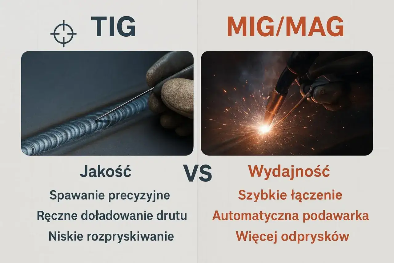 Spawanie TIG vs MIG/MAG. TIG to precyzja i niskie rozpryskiwanie, MIG/MAG to wydajność i szybkie łączenie. Spawanie pulsem jest kluczowe dla jakości.