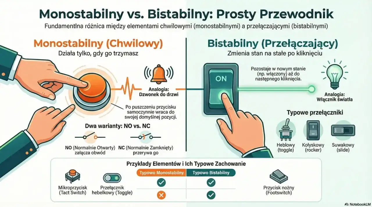 Ilustracja por&oacute;wnuje elementy monostabilne (jak dzwonek do drzwi) i bistabilne (jak włącznik światła), pokazując ich działanie i przykłady.