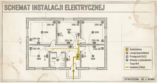 Schemat instalacji elektrycznej mieszkania, pokazujący jak zrobić instalację: rozdzielnica, lampy, gniazda, przełączniki i trasy linii zasilania.
