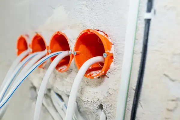 Pomarańczowe puszki instalacyjne z przewodami, gotowe do montażu gniazdek. To początek samodzielnej instalacji elektrycznej.