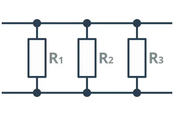 Schemat obwodu elektrycznego z trzema rezystorami R1, R2, R3 połączonymi równolegle. Napięcie jest takie samo na wszystkich elementach.