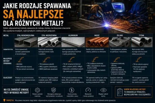 Tabela porównuje rodzaje spawania dla różnych metali: stal niskowęglowa, nierdzewna, aluminium, miedź, żeliwo i tytan. Opisuje charakterystykę materiałów i najlepsze metody spawania, np. MIG/MAG, TIG.