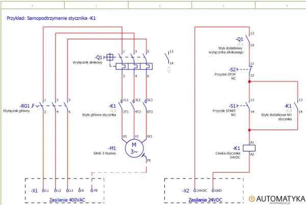 Schemat elektryczny przedstawia przykład samopodtrzymania stycznika K1. Oznaczenia elementów i połączeń są kluczowe do zrozumienia działania układu.