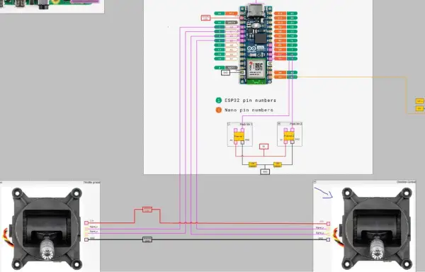 Schemat połączeń Arduino Nano i ESP32 z czujnikami Halla.