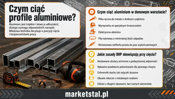 Profile aluminiowe: czym ciąć? Na zdjęciu narzędzia i materiały do cięcia aluminium: piła, okulary, słuchawki.