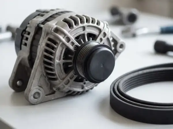 Alternator z nowym paskiem. Zepsute łożysko alternatora objawy to m.in. hałas i kontrolka ładowania.