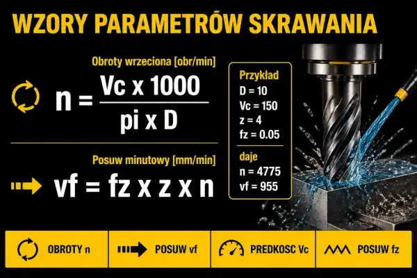Wzory na parametry skrawania: obroty wrzeciona (n) i posuw minutowy (vf). Obok przykład obliczeń.