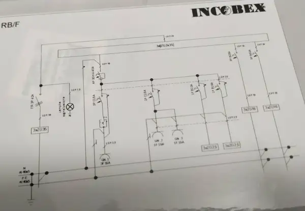 Schemat instalacji elektrycznej, układ sieci TT. Widoczne zabezpieczenia, przewody i punkty przyłączeniowe.