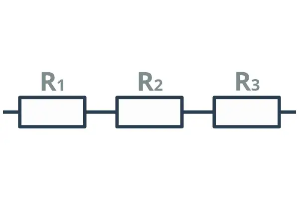 Schemat obwodu elektrycznego z trzema rezystorami R1, R2, R3 połączonymi w połączenie szeregowe.
