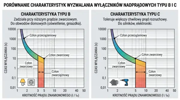 Wykresy porównujące charakterystyki wyzwalania wyłączników nadprądowych typu B i C, pomagające dobrać wyłącznik nadprądowy do instalacji domowych i urządzeń.