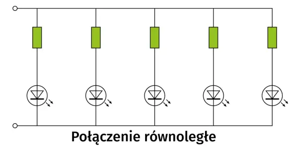 Schemat połączenia równoległego pięciu diod LED z rezystorami. Pokazuje, jak dobrać rezystor do ochrony diod.